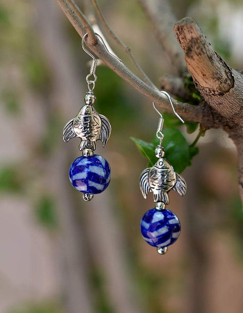 Blue Pottery One Bead Earring With Metal Fish In Blue Geometric Design